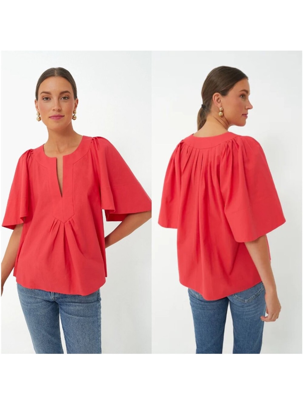 Tuckernuck Coral Red Flutter-Sleeve Tunic Top